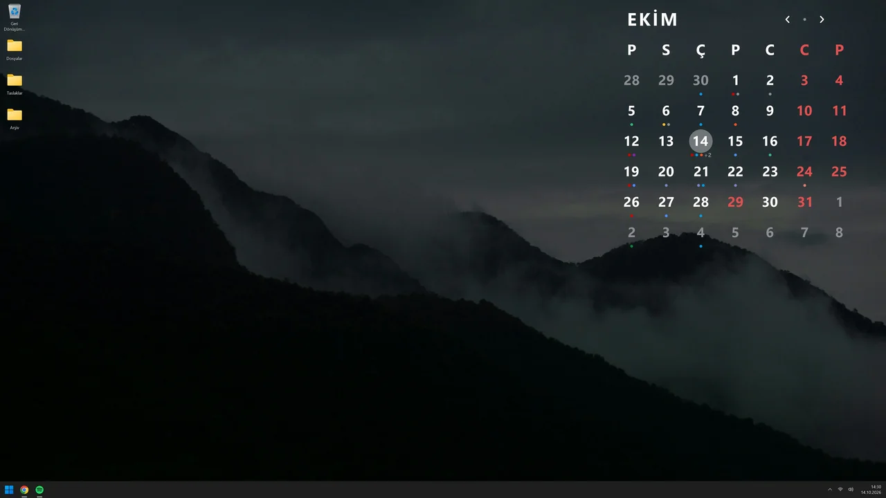 Kalender, sisli dağ sırtları fotoğrafında, sağ üstte takvim