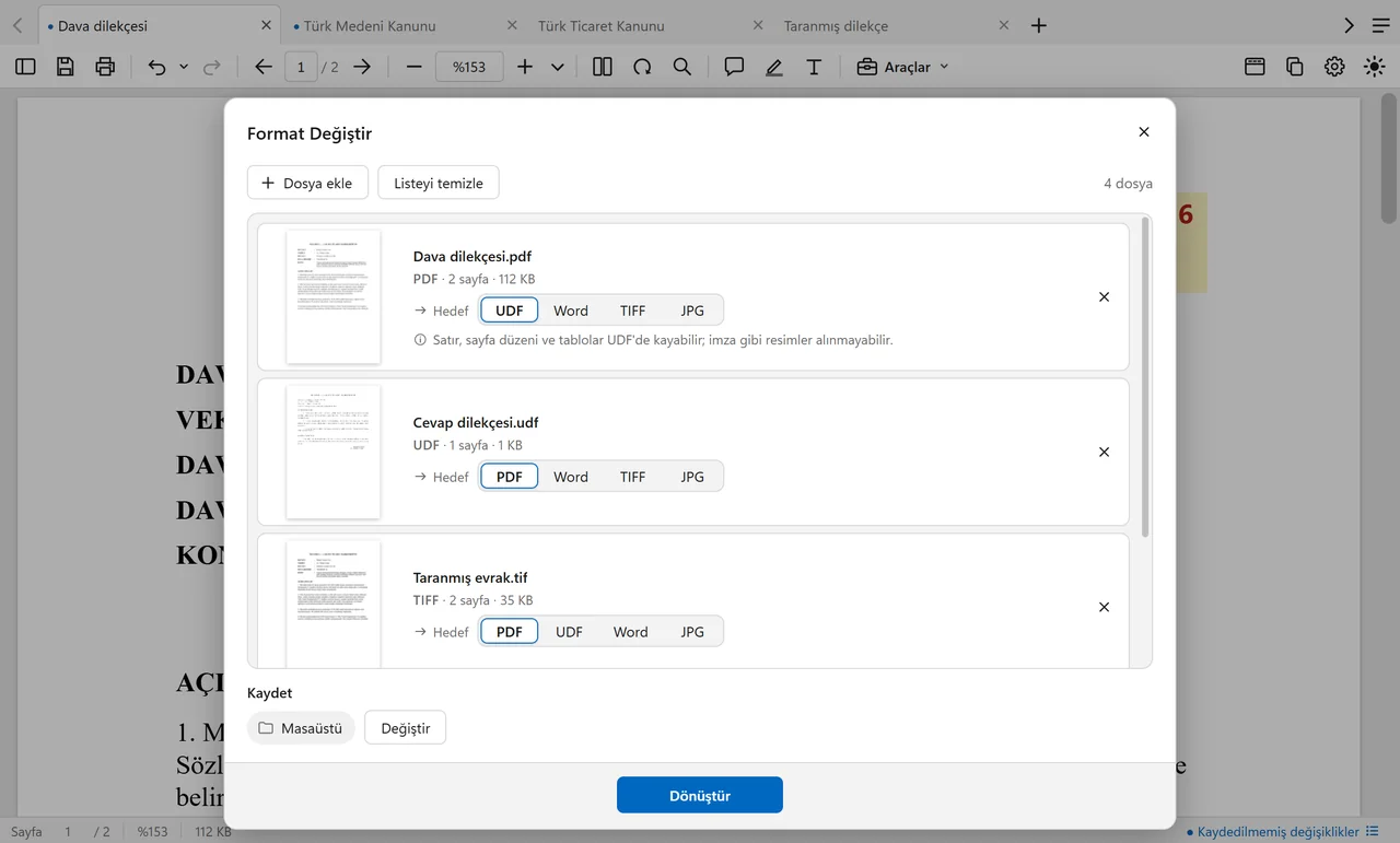 Format Değiştir: PDF → UDF, UDF → PDF, TIFF ve Word dosyaları