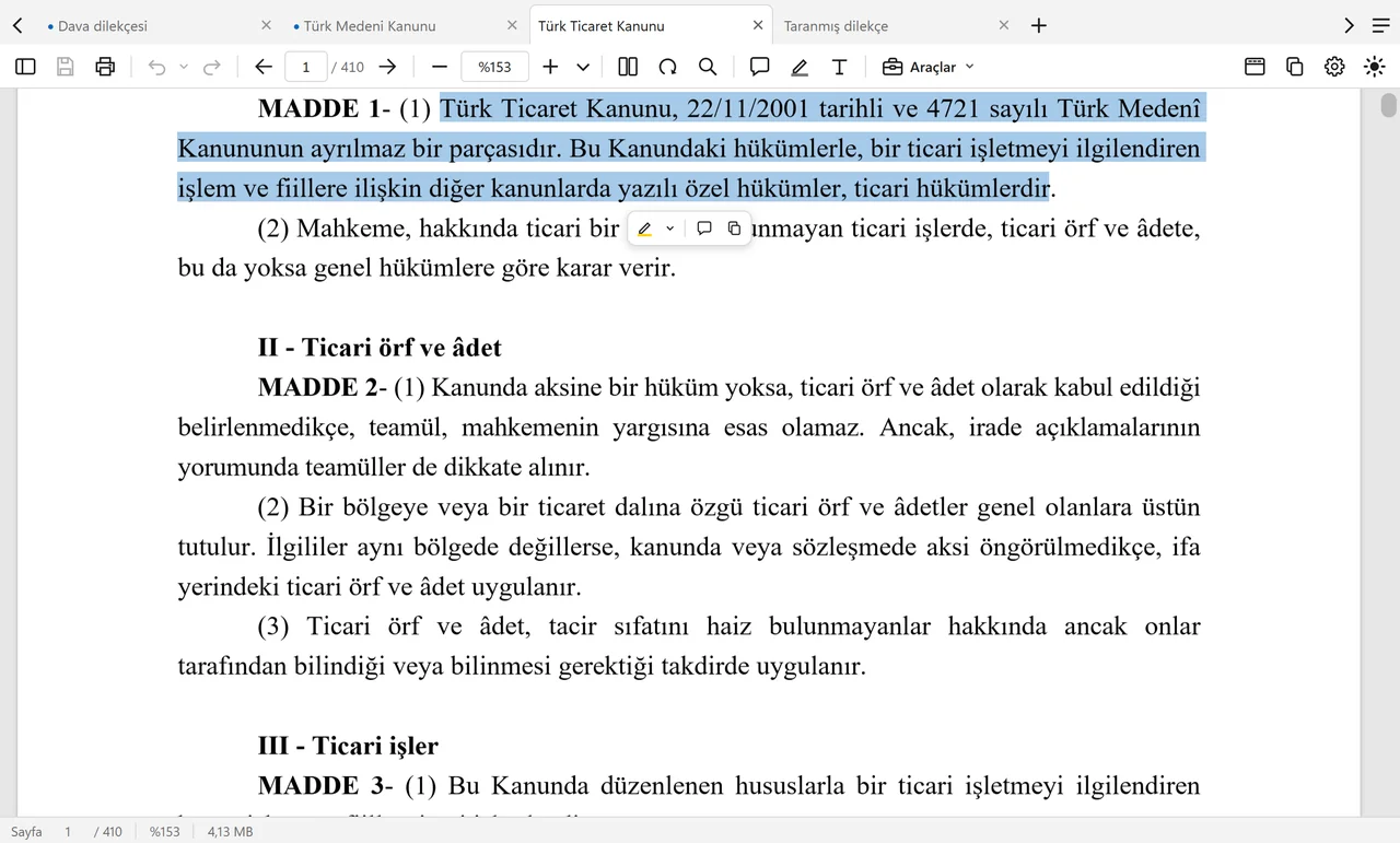 Seçim çubuğu: vurgula, not ekle, kopyala