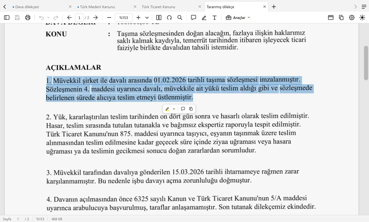 Taranmış bir dilekçede yazı seçimi