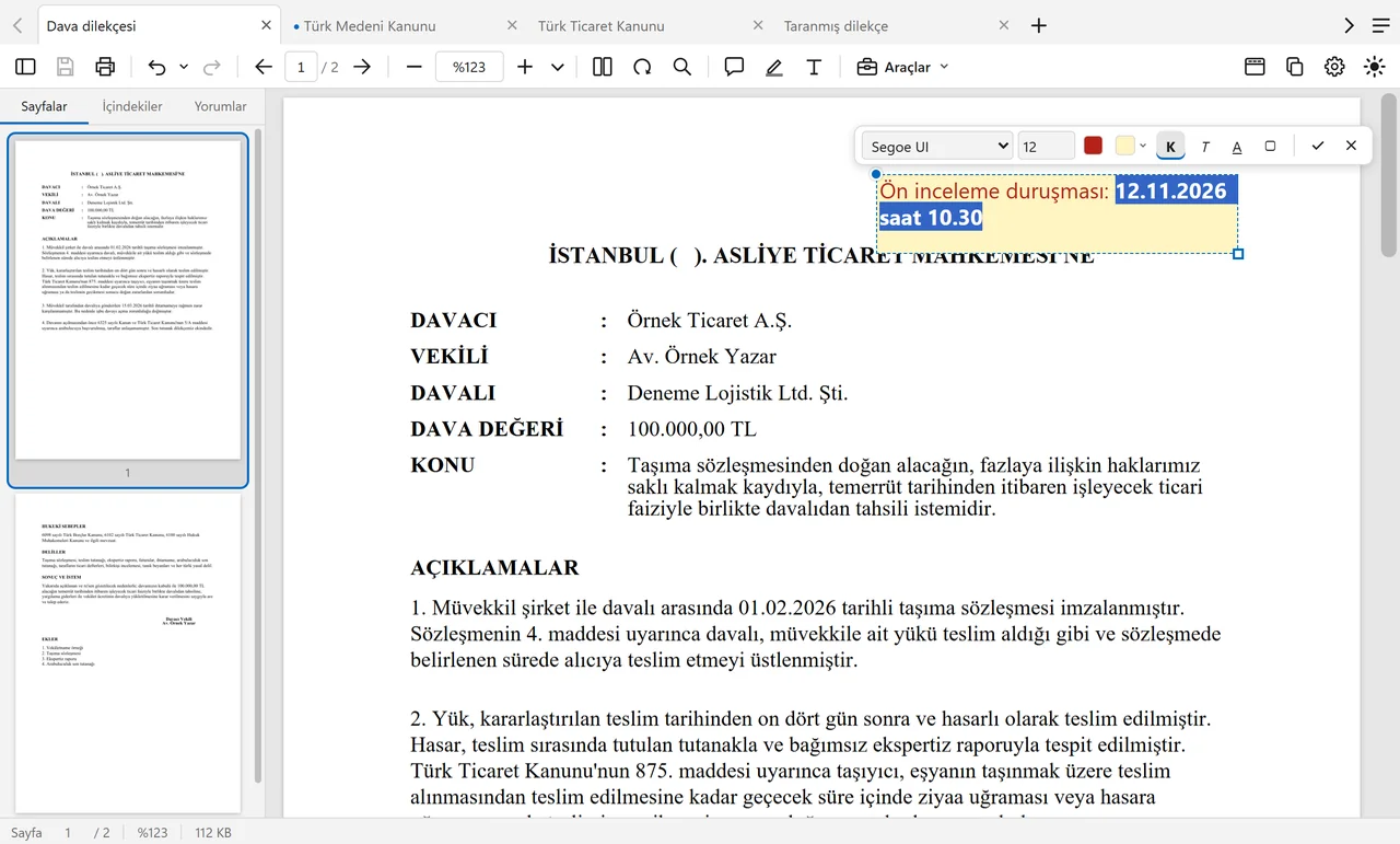 Yazı kutusu düzenlenirken biçim çubuğu
