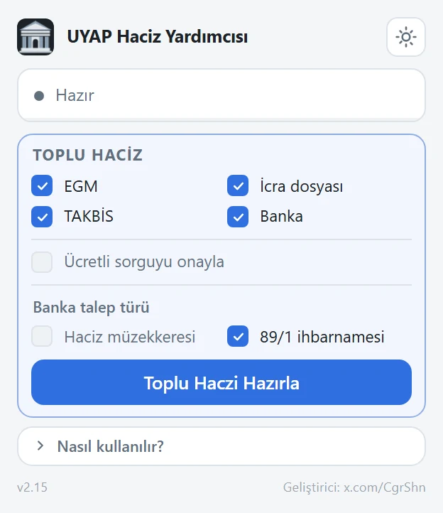 Eklenti penceresi: haciz türleri, banka talep türü ve Toplu Haczi Hazırla düğmesi