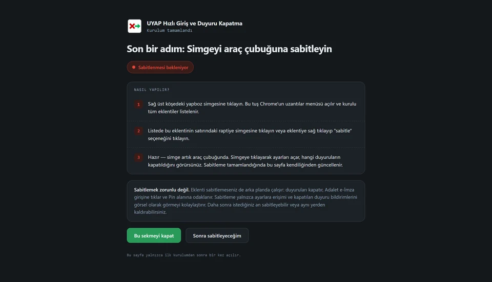 Kurulumdan sonra açılan karşılama sayfası ve simgeyi sabitleme adımları